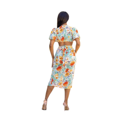 Printed Cut Out - Puff Sleeve - Midi Dress - Teal Multi Midi - Floral Print 