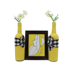 Decorative Bottle - Wrapped Yellow Colored Twine - with Picture Frame